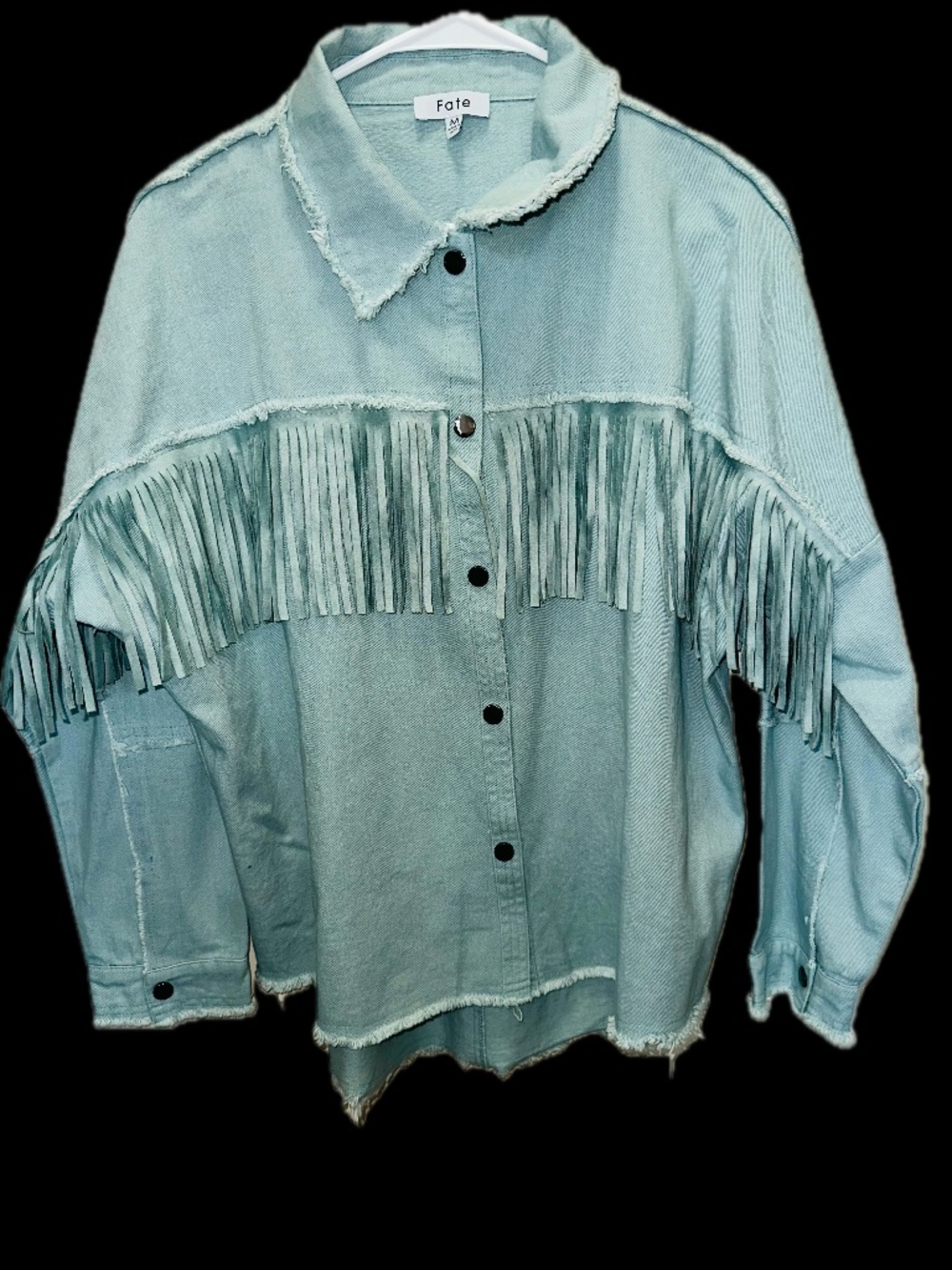 Fat|  Women's Blue Fringe Button Front Collared Relaxed Short Jacket Size M
